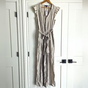 ARTESIA black striped button front belted linen blend jumpsuit